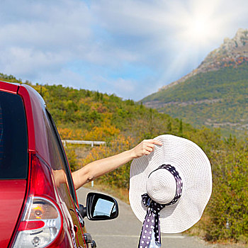 女人,遮阳帽,车窗,旅行,假期,概念