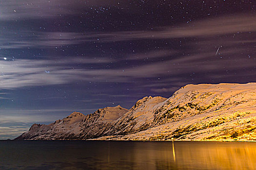 星空,天空,月亮,光亮,积雪,山,峡湾,北极,挪威