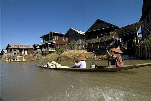 缅甸,茵莱湖,乡村,三个人,小,船