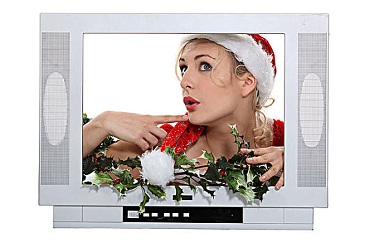 女人,圣诞节,帽子,后面,电视