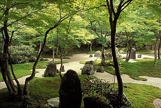 日本,九州,庙宇,花园,茂密,绿色,沙子,小路,大石头