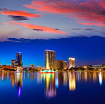 奥兰多,天际线,日落,湖,佛罗里达,美国