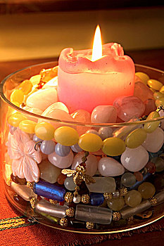 玻璃器皿,彩色,珠链,燃烧,蜡烛