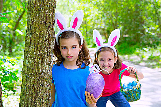 复活节,女孩,玩,树林,兔子,牙齿,表情,户外