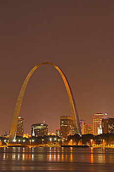圣路易斯拱门,圣路易斯,天际线,反射,密西西比河,黄昏,密苏里,美国