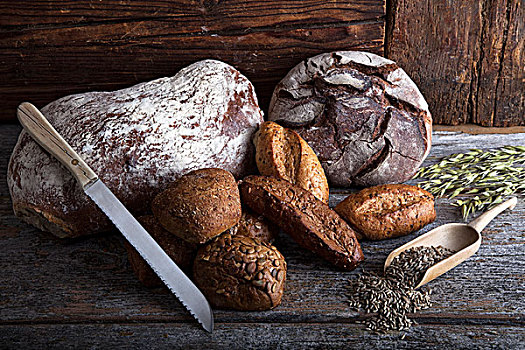 面包块,面包刀,谷物,玉米穗,乡村,木质,表面
