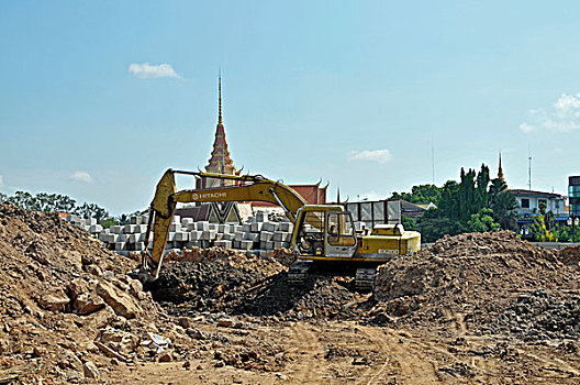 挖掘机,建筑工地,银,塔,背影,金边,柬埔寨,亚洲