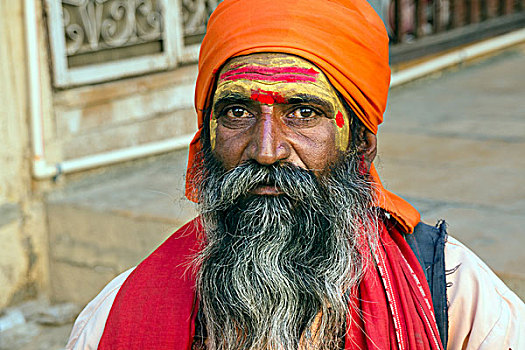 头像,男人,橙色,缠头巾,胡须,斋沙默尔,拉贾斯坦邦,印度,亚洲