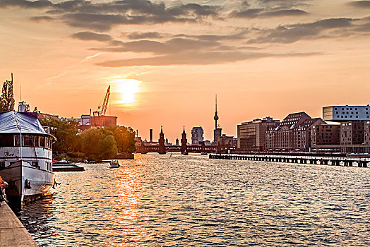桥,电视塔,日落,柏林,德国,欧洲