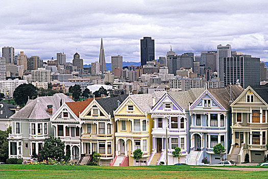 北美,美国,加利福尼亚,旧金山,维多利亚式房屋,天际线
