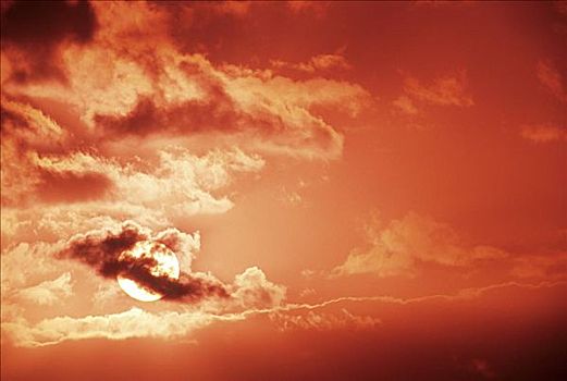 夏威夷,云,生动,红色,日落,天空