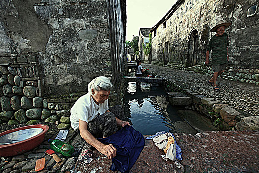 水渠,水系,流水人家,洗衣