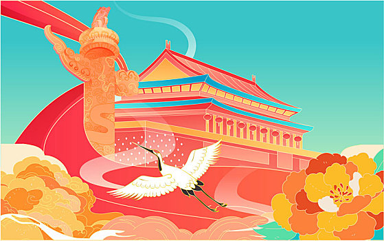 国庆节黄金周城市旅游插画中国风建筑海报