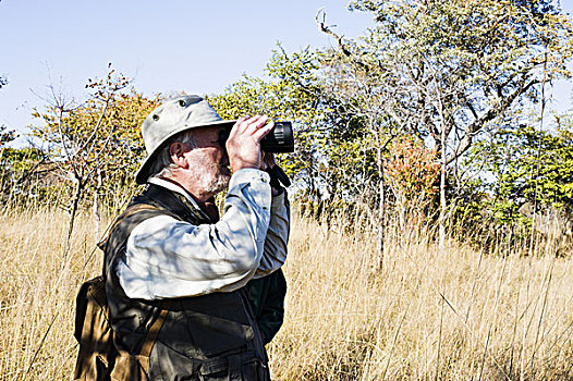老人,看穿,双筒望远镜,旅行队,国家公园,赞比亚