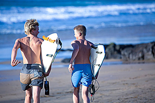 两个,10多岁,男性,冲浪,海洋,富埃特文图拉岛,西班牙