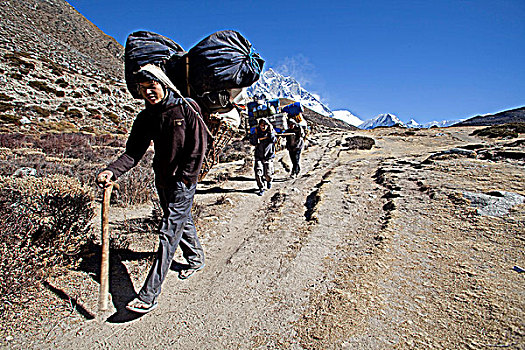 尼泊尔,珠穆朗玛峰,区域,昆布,山谷,搬运工,小路,岛屿,顶峰,背景
