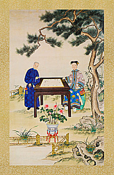古画,孝钦后弈棋图轴,佚名,清朝
