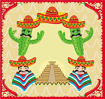矢量,墨西哥人,金字塔,仙人掌,阔边帽