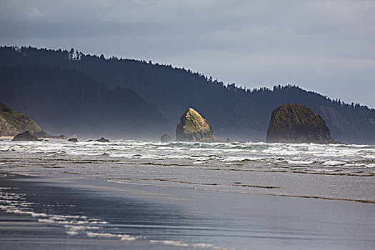 岩石构造,海洋,波浪,海滩,坎农海滩,俄勒冈,美国