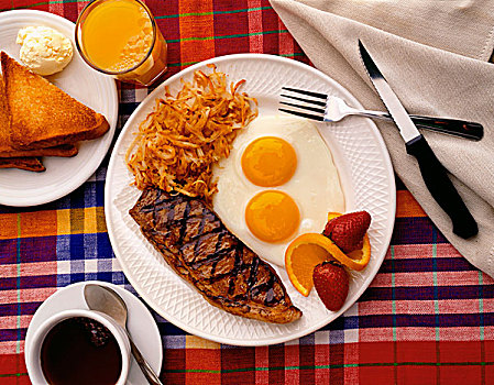 笔直,肉排,蛋,早餐,咖啡,橙汁