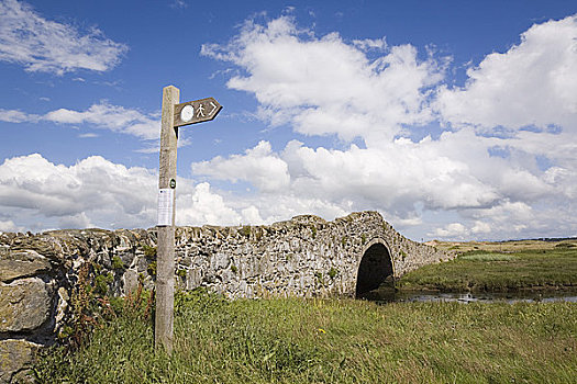 北威尔士,安格尔西岛,老,石桥,河,沿岸,小路,标识