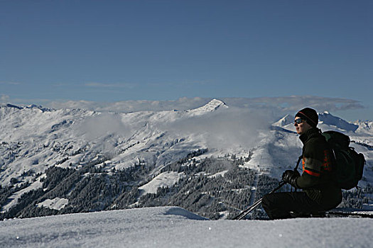 滑雪者,远眺,雪,山峦
