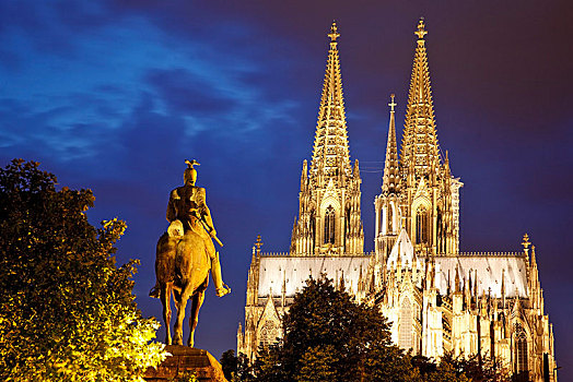 骑马雕像,帝王,科隆大教堂,蓝色,钟点,科隆,莱茵兰,北莱茵威斯特伐利亚,德国,欧洲
