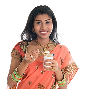 传统,印度女人,吃饭,酸奶