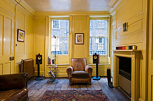 黄色,木护墙板,客厅,壁炉,舒适,皮革,扶手椅,正面,窗户