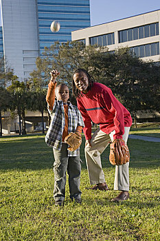 肖像,美国黑人,父子,玩,垒球