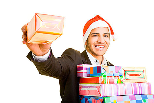 高兴,商务,经理,红色,帽子,许多,圣诞礼物