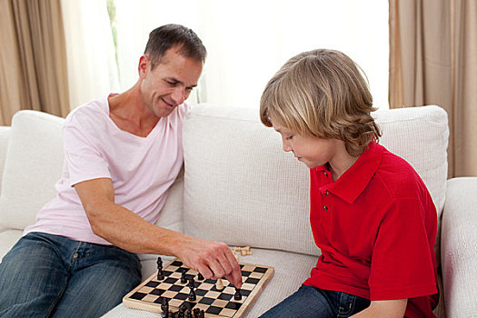 专注,父亲,玩,下棋,儿子