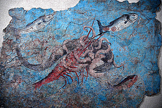 壁画,海洋生物,章鱼,攻击,海鳝,龙虾,艺术家
