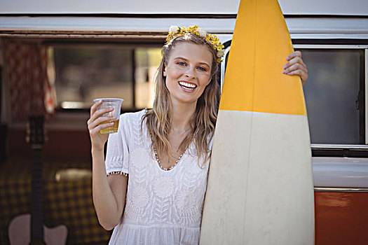 女人,头像,拿着,啤酒杯,冲浪板,高兴,美女