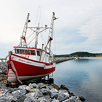 船,举起,岩石,岸边,水边,纽芬兰,拉布拉多犬,加拿大
