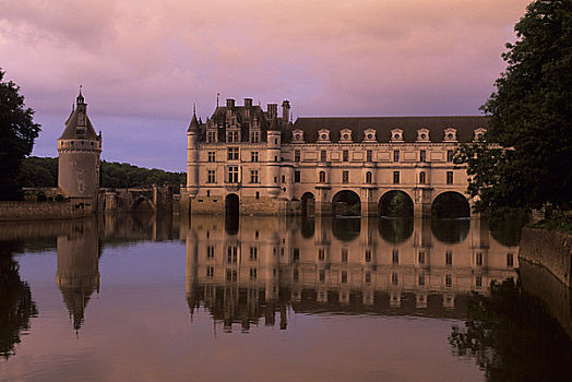 法国,卢瓦尔河,区域,舍农索城堡,城堡,谢尔河,晚间,照片