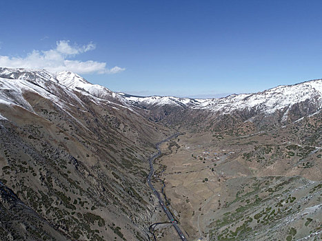 新疆哈密,航拍天山负雪,山间盆地美景