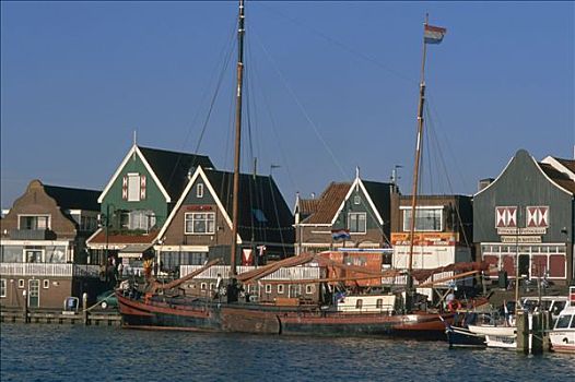 荷兰,沃伦丹,帆船,房子,背景