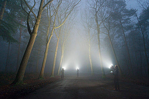 三个人,发光,光亮,木头,重,雾