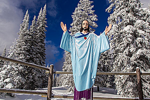 雕塑,耶稣,滑雪坡,白鲑,山,胜地,蒙大拿,美国