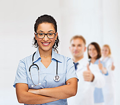 医药健康,概念,微笑,女性,美国黑人,医生,护理,眼镜,听诊器