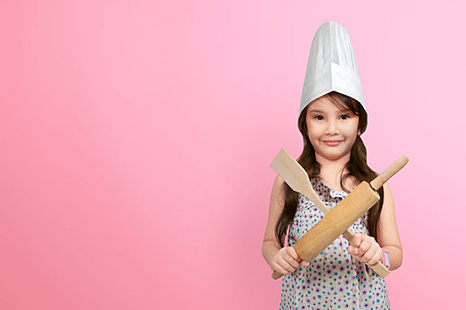 微笑,亚洲人,小女孩,厨师帽,拿着,木质,炊具