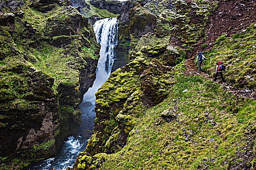 远足,徒步旅行,河,高处,瀑布,南,冰岛