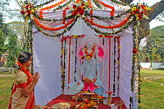 印度教,女孩,祈祷,正面,雕塑,女神,知识,达卡,标记,孟加拉,二月,2008年