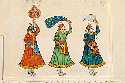 壁画,城市宫殿,乌代浦尔,拉贾斯坦邦,北印度,印度,亚洲