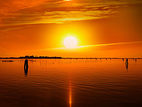 金色,日落,上方,威尼斯泻湖,意大利