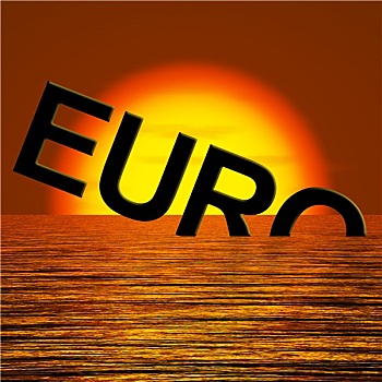 欧元,文字,沉没,日落,展示,沮丧,不景气,经济,低迷时期