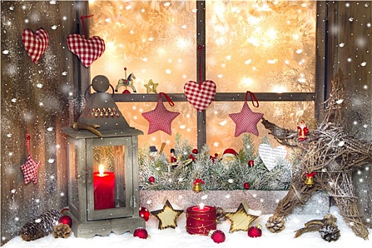 红色,圣诞装饰,灯笼,窗台,木头