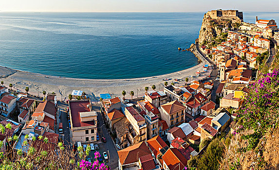 俯拍,海边,城镇,城堡,悬崖,沙滩,地中海海岸