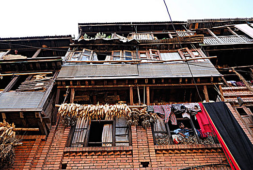 玉米,洗衣服,晾衣绳,房子,巴克塔普尔,加德满都山谷,尼泊尔,亚洲